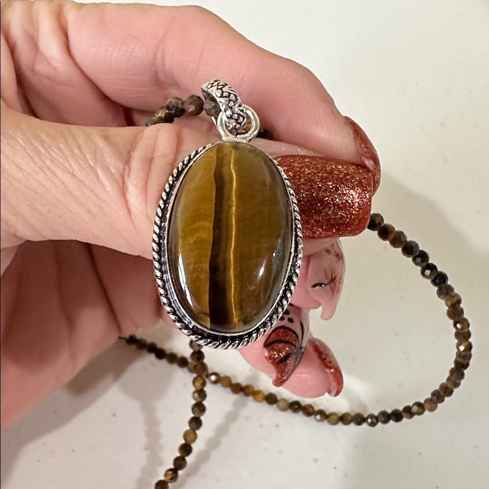 Genuine Tiger’s Eye Silver Plated Pendant and Tiger’s Eye Beaded Necklace - Picture 11 of 12